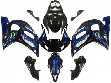1998-2002 Yamaha YZF 600 R6 Motorcycle Fairings - Glossy Black Blue Flame UK