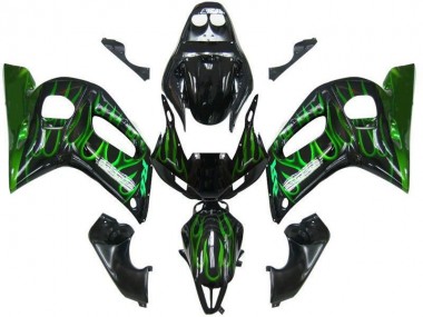 1998-2002 Yamaha YZF 600 R6 Motorcycle Fairings - Glossy Black Green Flame UK