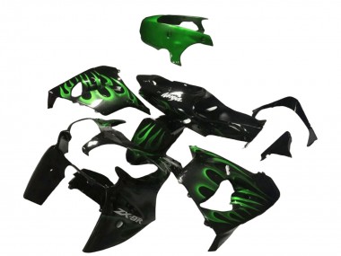 2000-2001 Kawasaki ZX9R Motorcycle Fairings - Glossy Black Green Flame UK