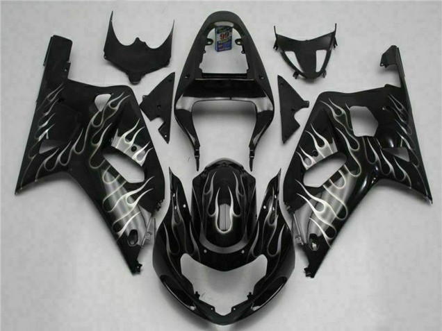 2001-2003 Suzuki GSXR 600/750 Motorcycle Fairings - Glossy Black Silver Flame UK