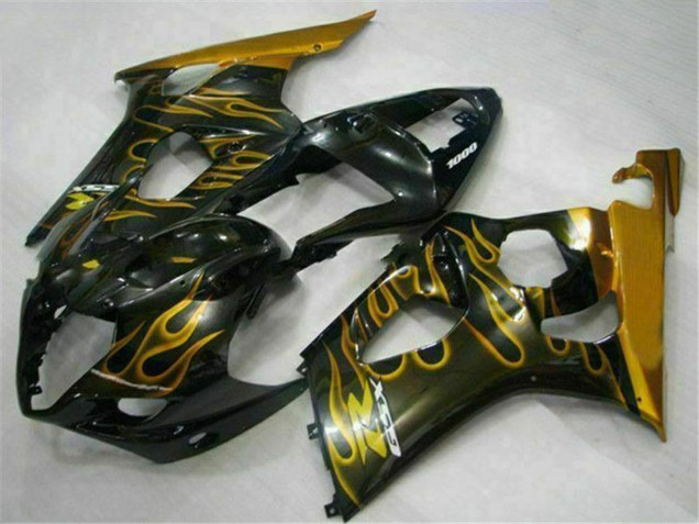 2003-2004 Suzuki GSXR 1000 Motorcycle Fairings - Glossy Black Gold Flame UK