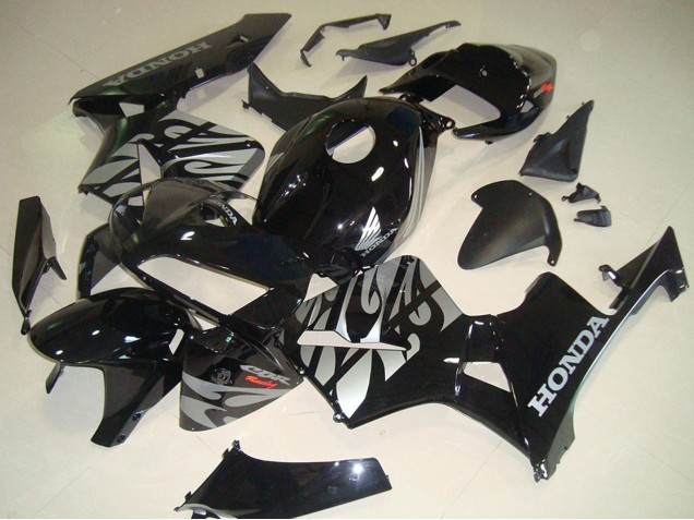 2005-2006 Honda CBR600RR Motorcycle Fairings - Glossy Black Silver with Flame UK