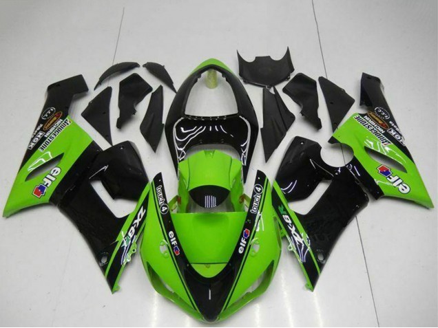 2005-2006 Kawasaki ZX6R Motorcycle Fairings - Green Glossy Black Elf UK