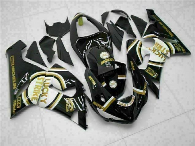 2005-2006 Kawasaki ZX6R Motorcycle Fairings - Glossy Black White Gold Lucky Strike UK
