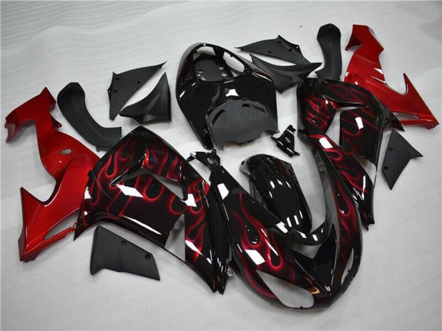 2006-2007 Kawasaki ZX10R Motorcycle Fairing - Glossy Black Red Flame UK