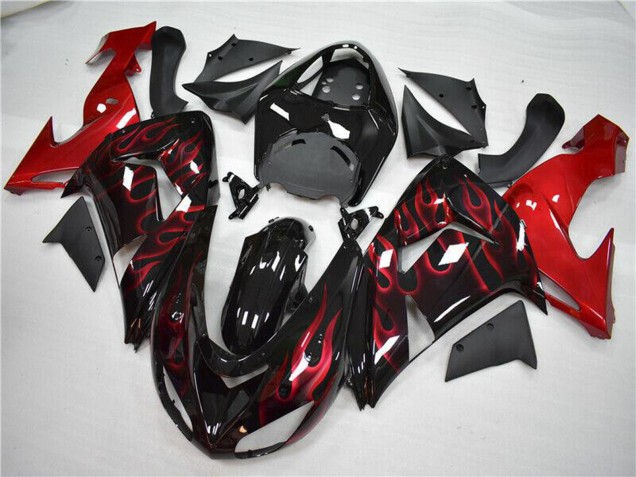 2006-2007 Kawasaki ZX10R Motorcycle Fairing - Glossy Black Red Flame UK