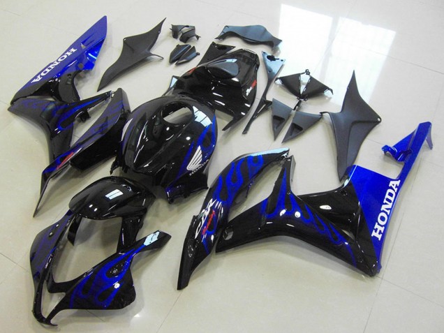 2007-2008 Honda CBR600RR Motorcycle Fairings - Glossy Black Blue Flame UK
