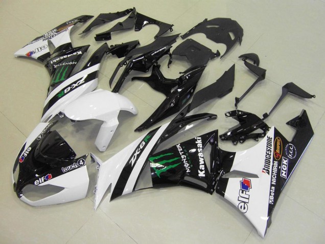 2009-2012 Kawasaki ZX6R Motorcycle Fairings - White Glossy Black Green Elf Touch4 Monster Bridgestone UK
