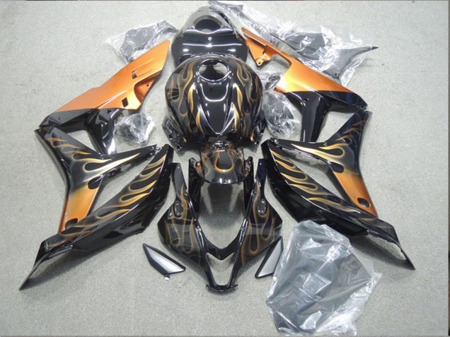 2007-2008 Honda CBR600RR Motorcycle Fairing - Glossy Black Orange Flame UK