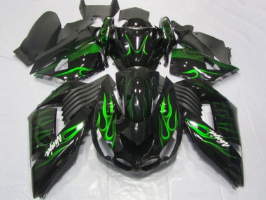2006-2011 Kawasaki ZX14R ZZR1400 Motorcycle Fairings - Glossy Black Green Flame UK