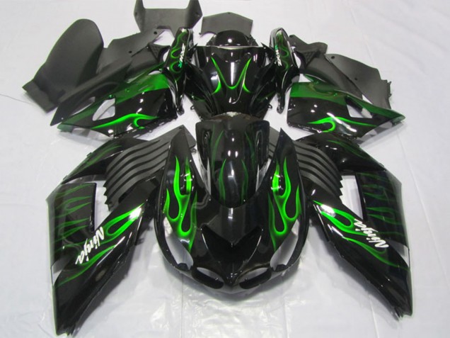 2006-2011 Kawasaki ZX14R ZZR1400 Motorcycle Fairings - Glossy Black Green Flame UK