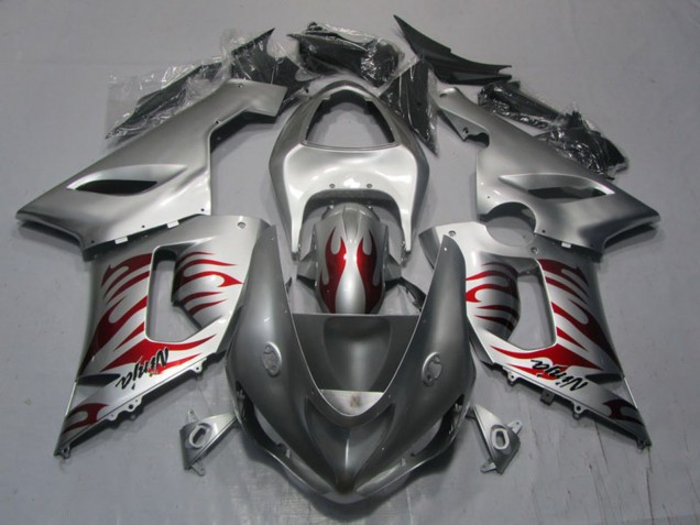 2005-2006 Kawasaki ZX6R Motorcycle Fairings - Silver Red Flame Ninja UK