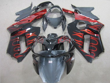 2007-2008 Kawasaki ZX6R Motorcycle Fairing - Black Red Flame UK