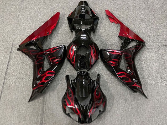 2006-2007 Honda CBR1000RR Motorcycle Fairings - Glossy Black Red Flame UK