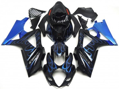 2007-2008 Suzuki GSXR 1000 Motorcycle Fairings - Glossy Black Blue Flame UK