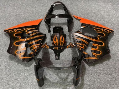 2000-2002 Kawasaki ZX6R Motorcycle Fairings - Glossy Black Orange Flame UK