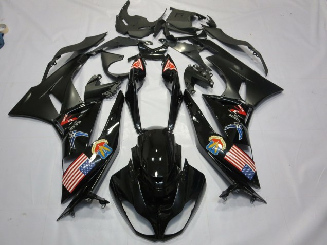 2009-2012 Kawasaki ZX6R Motorcycle Fairings - Glossy Black Matte Black American Flag UK