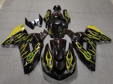 2006-2011 Kawasaki ZX14R Motorcycle Fairings - Glossy Black Yellow Flame UK