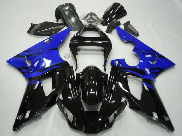 2000-2001 Yamaha R1 Motorcycle Fairings - Blue Glossy Black Flame UK