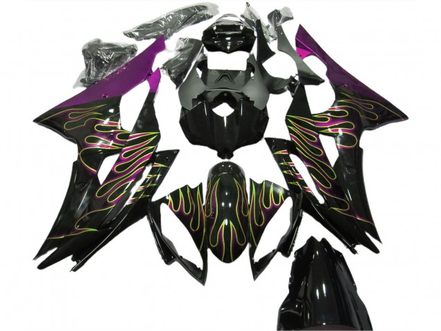 2008-2016 Yamaha R6 Motorcycle Fairings - Purple Glossy Black Gold Flame UK