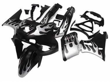 1998-2003 Kawasaki ZZR600 Motorcycle Fairings - Glossy Black Silver Flame UK