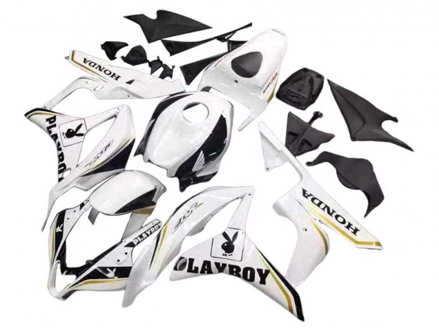 2007-2008 Honda CBR600RR Motorcycle Fairing - White Gold Glossy Black Playboy UK
