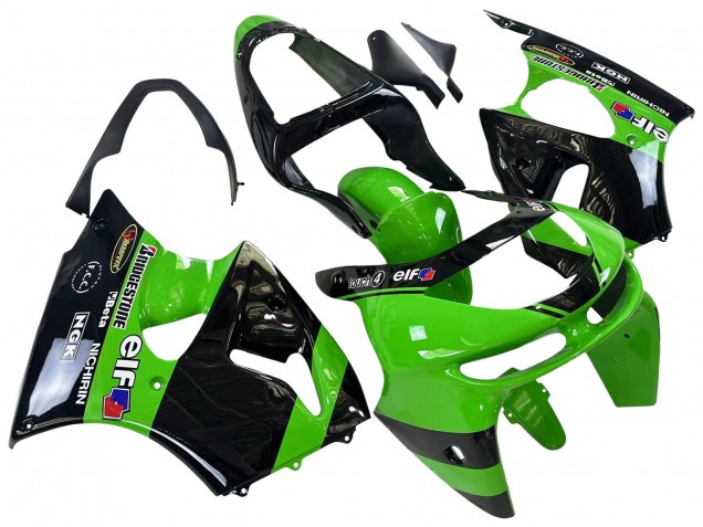 1998-1999 Kawasaki ZX6R Motorcycle Fairings - Green Glossy Black Elf Bridgestone UK