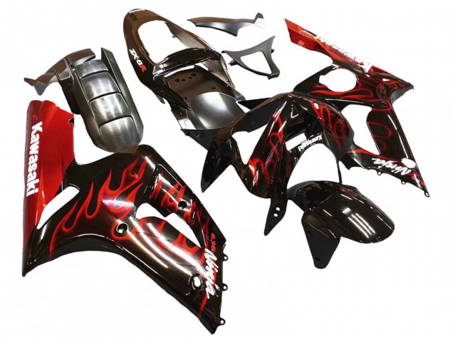 2003-2004 Kawasaki ZX6R Motorcycle Fairings - Glossy Black Red Flame UK