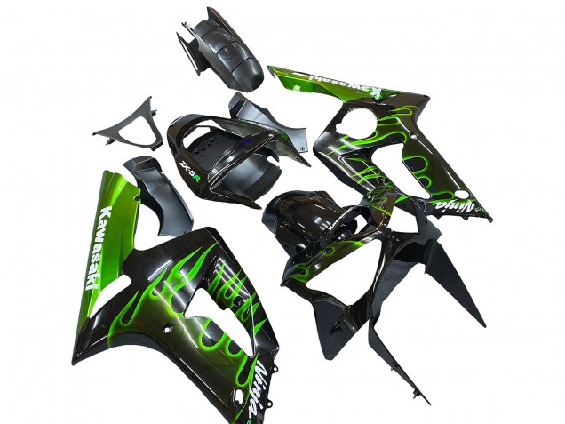 2003-2004 Kawasaki ZX6R Motorcycle Fairings - Glossy Black Green Flame UK