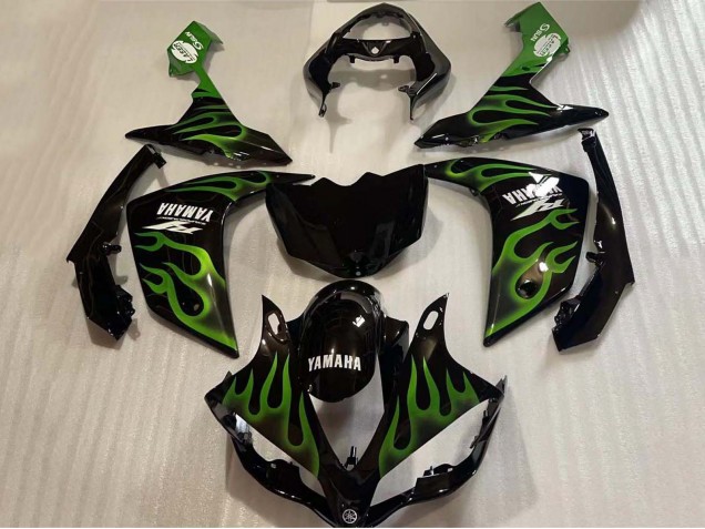2004-2006 Yamaha YZF 1000 R1 Motorcycle Fairings - Glossy Black Green Flame White Decal UK