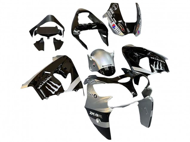 2002-2003 Kawasaki ZX9R Motorcycle Fairings - Silver Glossy Black Monster Elf UK