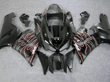2005-2006 Kawasaki ZX6R Motorcycle Fairings - Glossy Black Red White Flame UK