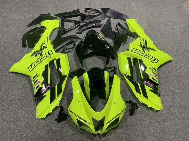 2007-2008 Kawasaki ZX6R Motorcycle Fairings - Neon Yellow Black Icon UK