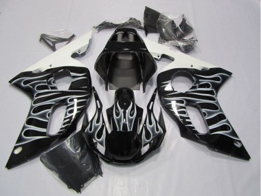 1998-2002 Yamaha YZF R6 Motorcycle Fairings - Glossy Black White Flame UK