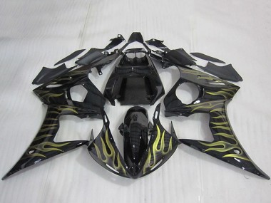 2003-2004 Yamaha YZF R6 Motorcycle Fairings - Glossy Black Gold Flame UK