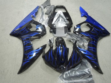2003-2004 Yamaha YZF R6 Motorcycle Fairings - Glossy Black Blue Flame UK